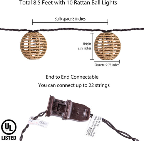TWINKVILLA 10 Bulbs, Decorative String Lights Plug in with Incandescent Natural Rattan Globe Boho Lantern String Lights