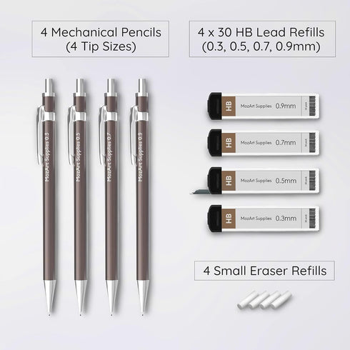 MozArt Mechanical Pencil Set with Case - 4 Sizes: 0.3, 0.5, 0.7 & 0.9mm with 30 HB Lead Refills Each & 4 Eraser Refills -Sketch, Drafting, Art, Drawing Supplies (Nickle) by MozArt Supplies