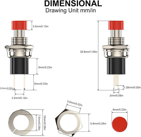 Momentary Push Button Switch, 1A 250VAC SPST Mini Pushbutton Switches, Normally Open (NO) Red Cap - 20pcs