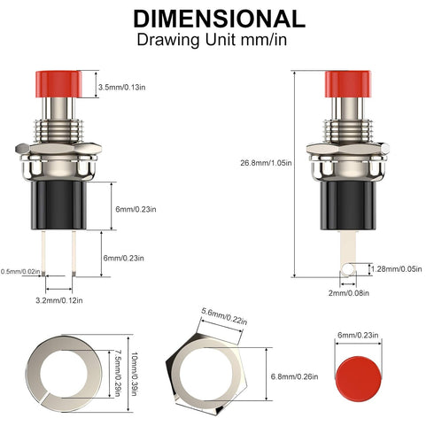 Momentary Push Button Switch, 10pcs Mini SPST Pushbutton Switches with Red Cap, 1A 250VAC Wire Normally Open(NO)