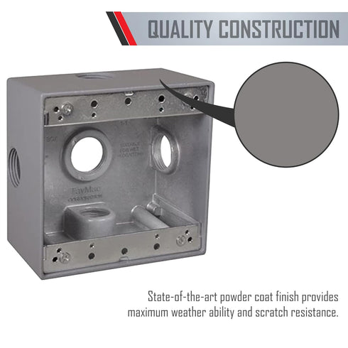 2-Gang Weatherproof Box, Five 3/4 in. Outlets, Side Lug, Gray