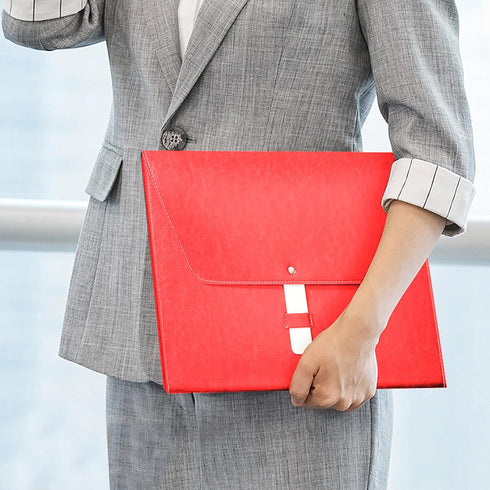 PU Leather A4 File Folder, Large Document Holder, Waterproof Envelope Case with Handmade Closure, Red