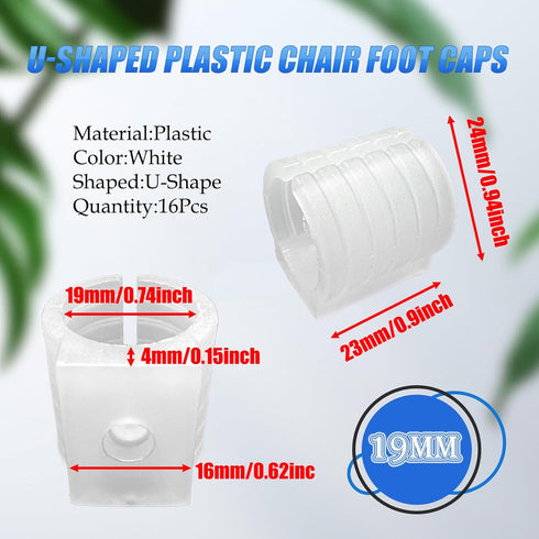 19mm U-Shaped Plastic Chair Foot Caps,Non-Slip Plastic Chair Foot U Shaped Floor Glides Tubing Caps Cover,U Shaped Office Chair Feet Tube Wrap Pads(16Pcs,White)