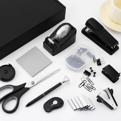 Black Desk Accessory Kit, Cute Office Supplies Set, Desktop Stapler Set includes Staple Remover, Hole Punch, Tape