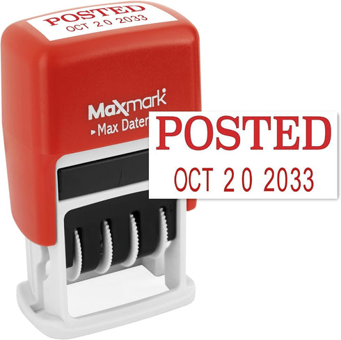 MaxMark Self-Inking Rubber Date Office Stamp with Posted Phrase & Date - RED Ink (Max Dater II), 12-Year Band