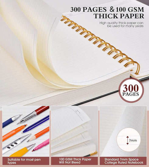 Spiral Notebook Journal, 7.6” x 10”, 300 Pages B5 Large College Ruled Leather Notebooks for Writing
