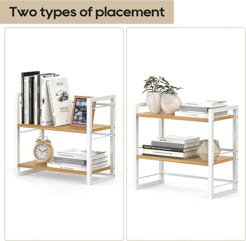 Office Desk Shelf Organizer - Wood Desktop Bookshelf Supplies Storage Rack, 2 Tier Shelf for Desk and Dresser