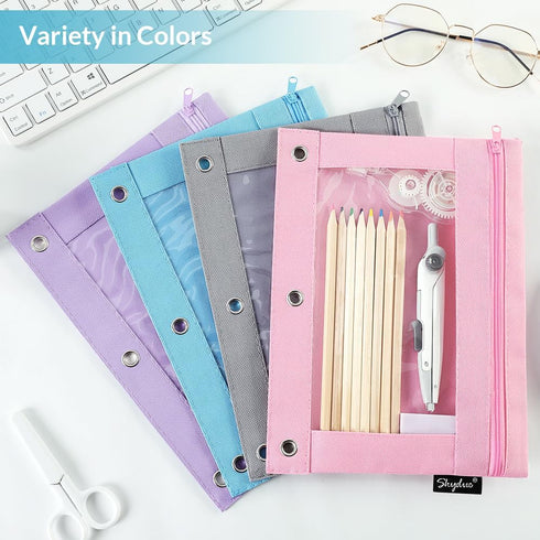 SKYDUE Pencil Pouch for 3 Ring Binder, Clear Window Pencil Case with Smooth Zipper for Girls Boys, Pink & Purple