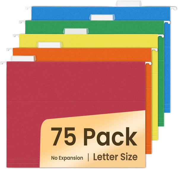 SUNEE Hanging File Folders, 75 Pack Assorted Colors, Letter Size with 1/5-Cut Tabs for Organizing Documents