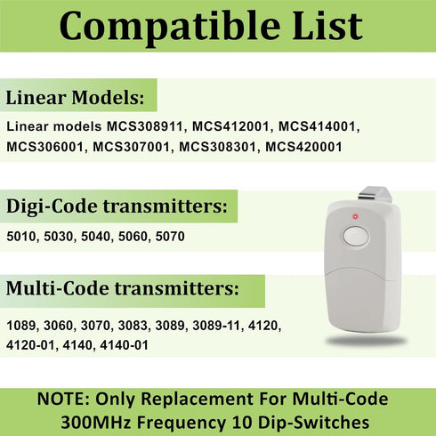 Selridasia 3089 308911 MCS308911, 10 300MHz, for Linear Multicode Gate Opener Remote dip Switch with Multicode Gate