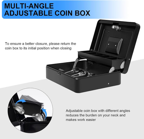 Cash Box with Key Lock on Top, 11.8L x 9.5W x 3.5H Inches, Durable Black Metal Money Box with Tray & 4 Bill Slots