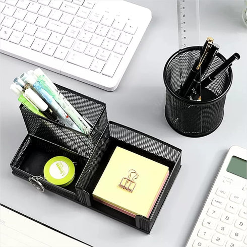 Pen Holder for Desk, 3 Compartments Mesh Pencil Holder Set with Cup and Paper Clip Holder, Ideal Office School Supplies