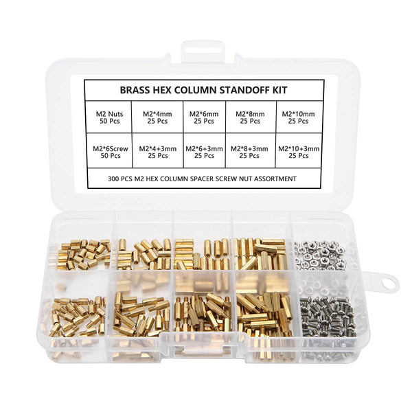 300pcs M2 Brass Standoff Kit - Hex Column Spacer Screw Assortment with Box
