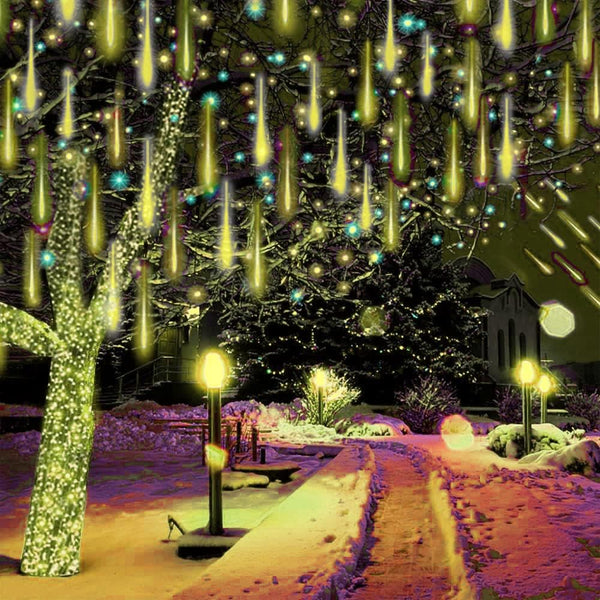Outdoor Christmas Lights, Meteor Shower Lights, 30cm, 8 Tube, 144 LED Falling Raindrop Fairy String Light for Holiday