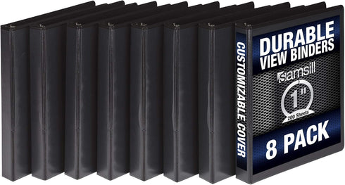 Samsill Durable 1 Inch Binder, Made in the USA, Round Ring Customizable Clear View Binder, Black, 8 Pack