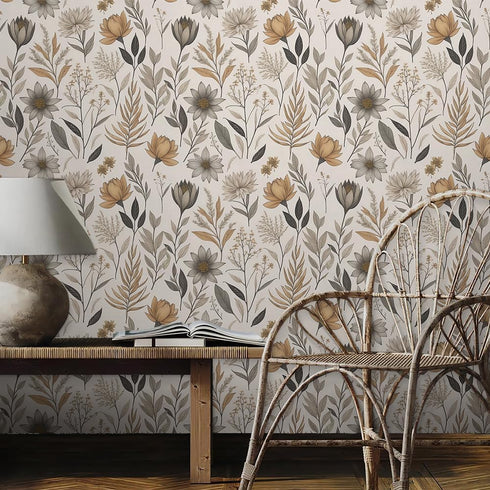 REDAMANCY Vintage Boho Wildflower Yellow Grey Flowers Peel and Stick Wallpaper Stick on Contact Paper Vintage Wall