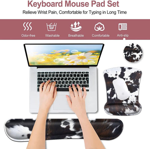Keyboard Wrist Rest and Mouse Pad Set, Ergonomic Coaster for Easy Typing Pain Relief, Memory Foam, Cowhide Brown Black