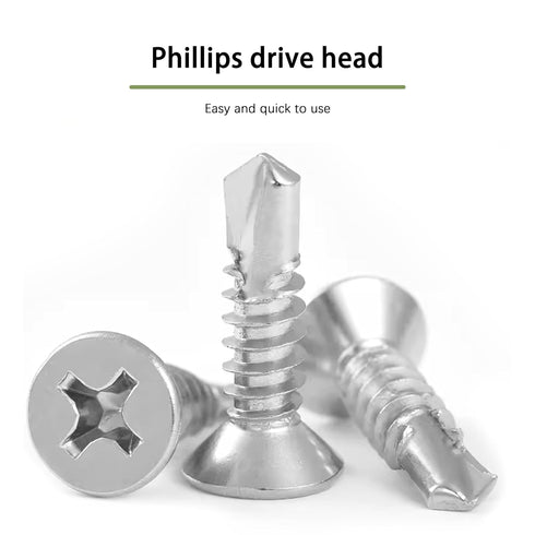 #8 x 1-1/2" Self Drilling Screw, Stainless Steel 410, Flat Head Phillips Wood Screw, 75 Pcs