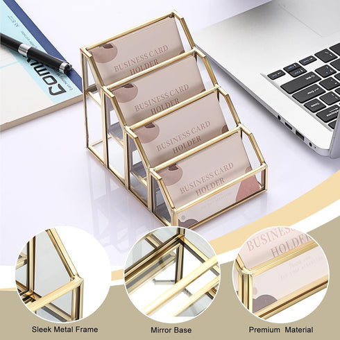 Hipiwe 4 Slots Glass Business Card Holder for Desktop, Gold Mirrored Business Card Display Stand, Multiple Clear