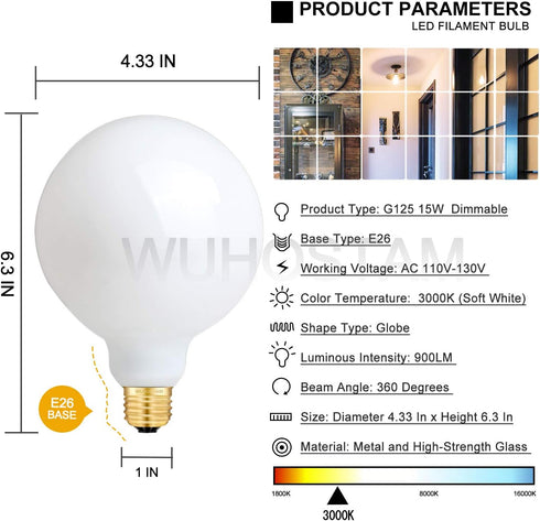WUHOSTAM 15W Dimmable LED Large Globe Bulb, 900LM, 90W Equivalent, 3000K Soft White, E26 Base, 1 Pack