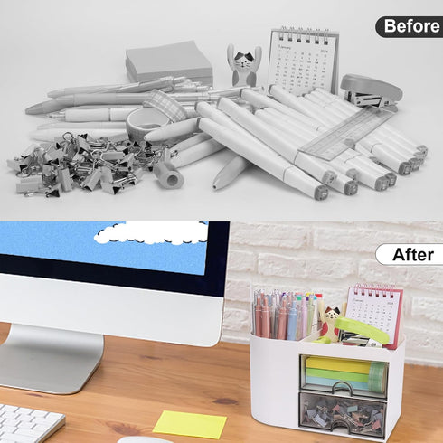 Desk Organizer with Drawer, Small Pencil Holder, 2 Drawers + 4 Compartments for Office Home Storage (White)