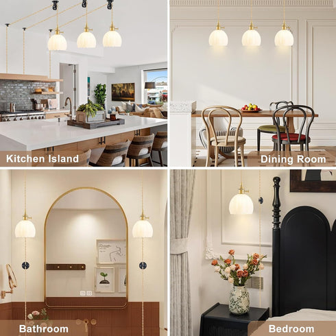 Plug in Pendant Light Fixtures, Hanging Light Fixture Vintage Glass Pendant Light, Mini Milk White Tulip Hanging Lamp