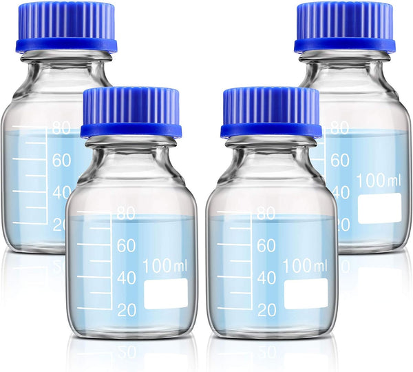 Patelai 4 Pieces 100 ml Glass Round Media Storage Bottles with GL45 Blue Screw Cap