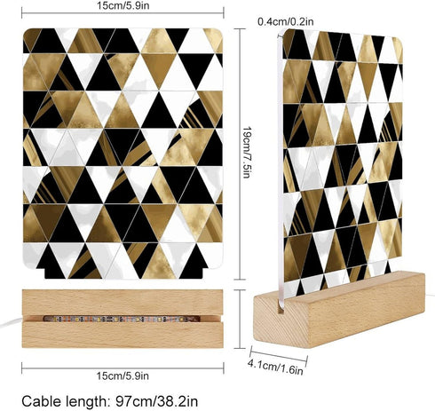 KNASNCHD Fashion Modern Black White Gold Triangles Night Light with Wood Base USB Interface Power Supply,Bedside Table