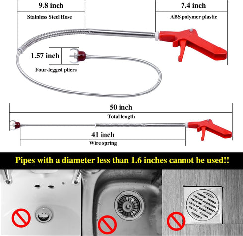 50 Inch Toilet Snake Drain Auger Cleaner Tool, Upgraded Grabber Unclogger Tool, Toilet Auger Clog Remover Tool