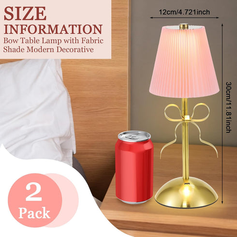 2 Pack 12 Inch Small Gold Bow Table Lamp for Girl's Bedroom Cute Coquette Bow Table Lamp with Fabric Shade Modern
