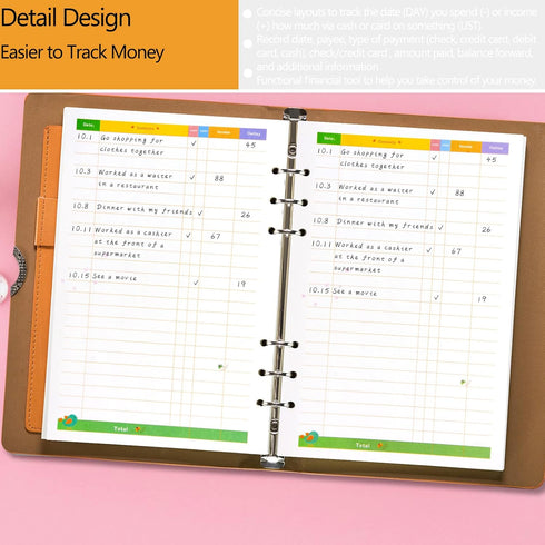 Rancco A6 Budget Planner Refill Paper, 90 Pages Colorful 6-Ring Binder Expense Tracker with Divider, Pouch, Ruler