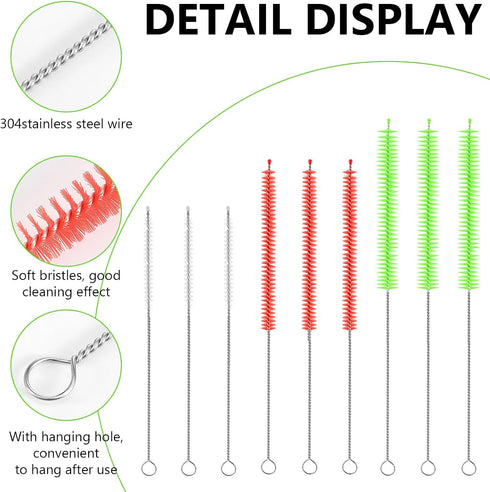 Neyauo 9Pcs Set 12"10" 8.5"Long (4-16mm) Straw Cleaner Brush Bendable Reusable Cleaning Brushes with Soft Nylon