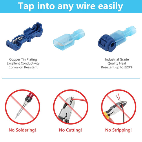 120 Pcs Quick Splice Wire Terminals - Male & Female Blue T-Tap Self-Stripping Quick Disconnects Kit