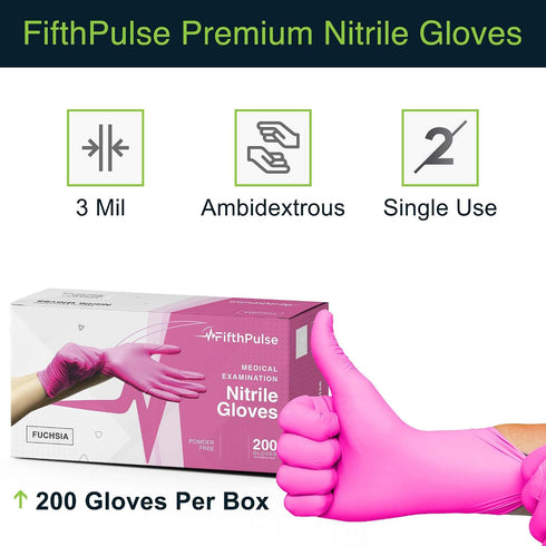 3 FifthPulse Fuchsia Hot Pink Nitrile Disposable Gloves - Mil Nitrile - Powder and Latex Free - Surgical Medical Exam