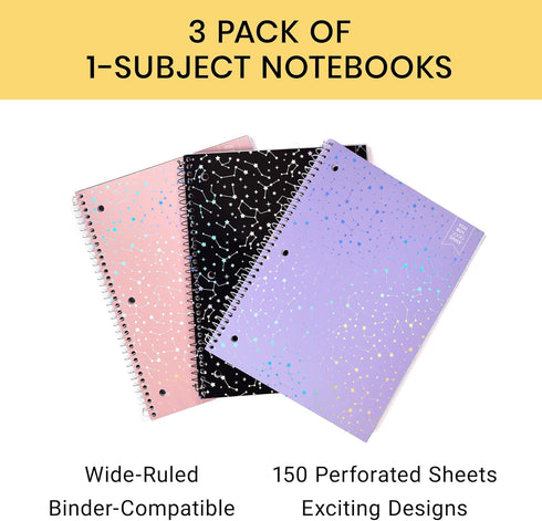 Yoobi College Ruled 8 x 10.5” Spiral Notebook Set – 3-Pack of 1 Subject Notebooks, Pink, Purple & Black Celestial Patterns – 150 Perforated 3-Hole Punched Sheets, For School, Office & Home