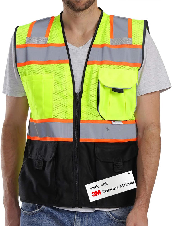High Visibility Mesh Vest with Pockets and Zipper, ANSI Class 2, Made with 3M Reflective Tape, Yellow and Black