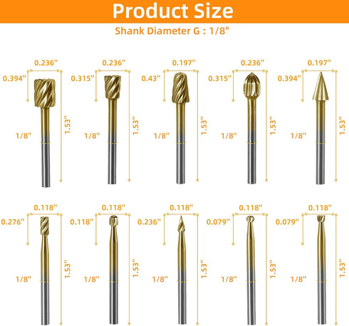 10 PCS Carving Bits HSS Rotary Drill Burr Set 1/8'' (3mm) Shank Wood Engraving Router Bit for Rotary Tool Accessories Rotary Tool for DIY Woodworking Carving, Engraving, Drilling (Gold)