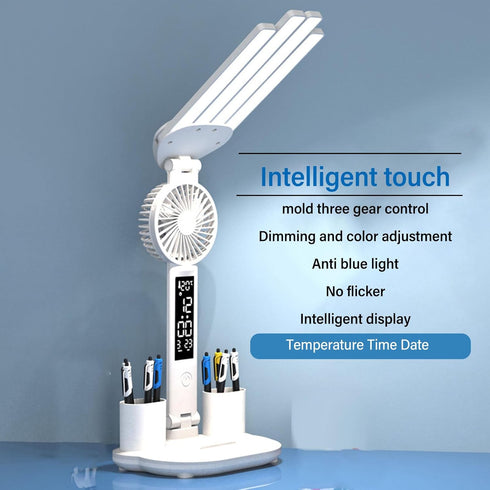 Dimming ZJchao Desk Lamp, LED Desk Lamps with Fans Pen Holder Four Headed Touch Control Stepless Foldable Table Study