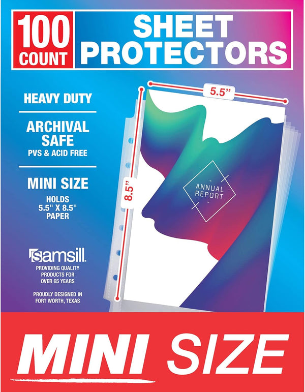 Samsill Mini Sheet Protectors 100 Pack, Clear Protector Sheets for Mini 3 Ring Binder, 5.5 x 8.5 Inch, 7 Hole