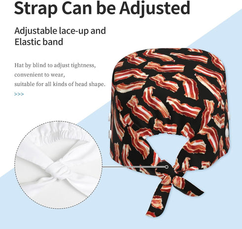 Nurse Scrub Cap Men Women with Buttons - Bacon Pattern A Print Soft Comfy Surgical Cap, Adjustable Tie Back Scrub Nurse