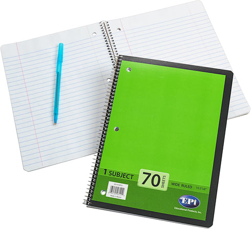 EPI Spiral Notebook, 1 Subject, Wide Ruled Paper, 70 Sheets (Green, 3 Pack)