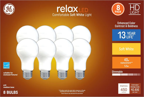 GE Relax 8-Pack 40W Equivalent Dimmable Warm White A19 LED Light Bulbs, 44898