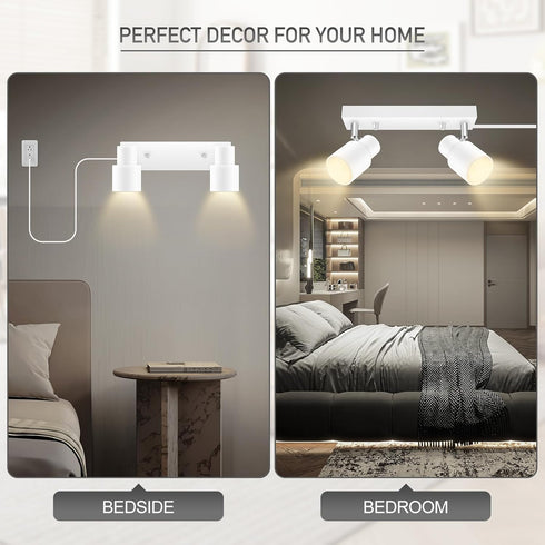 2-Light 2 Kitchen/Bedroom,Bulb Plug in Track Lighting Fixtures Ceiling, White Track Light LED, Track Lights with Cord