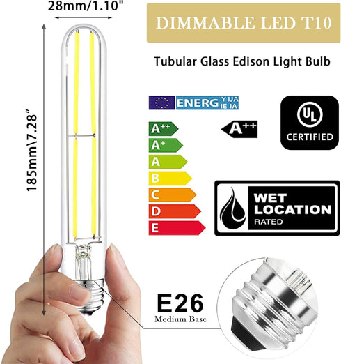 7.3 Inch E26 Bulb 6W Dimmable, 5000K Bulbs 800LM, 80 T10 T9 Bulb 4Pack Led Daylight Edison Equal Watt Tubular Long