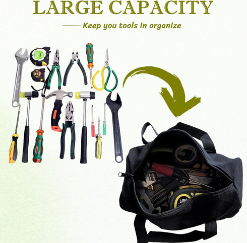 12 Inch Small Tool Bags for Men, Large Capacity Canvas Zipper Tool Tote Bag for Wrenches, Screwdrivers (Black)