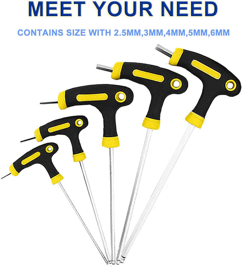 JONMON Bike Hex Key Allen Wrenches Set, 2.5/3/4/5/6mm T-handle Long Arm with Ball End
