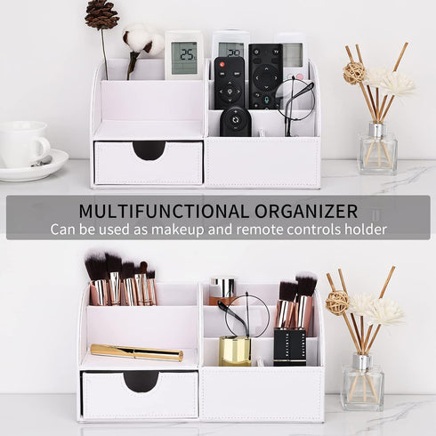 KINGFOM Pu Leather Desk Organizer, White Pen Pencil Holder with 6 Compartments and Drawer, Office Supplies Caddy