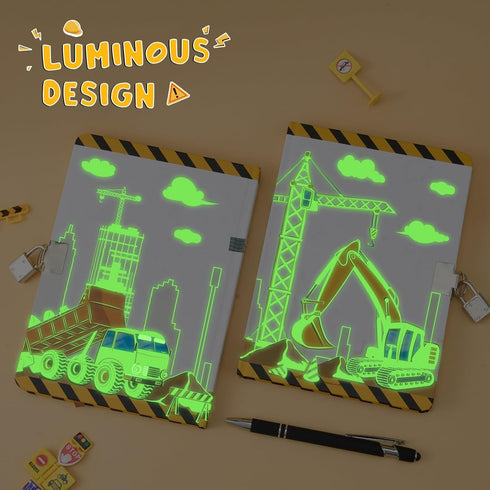 WERNNSAI Luminous Truck Journal - Boys Notebook for Kids Birthday Christmas Gift Diary with Lock School Travel Journal Hardcover A5 Private Secret Diary Writing Drawing Notepad with Lock Keys