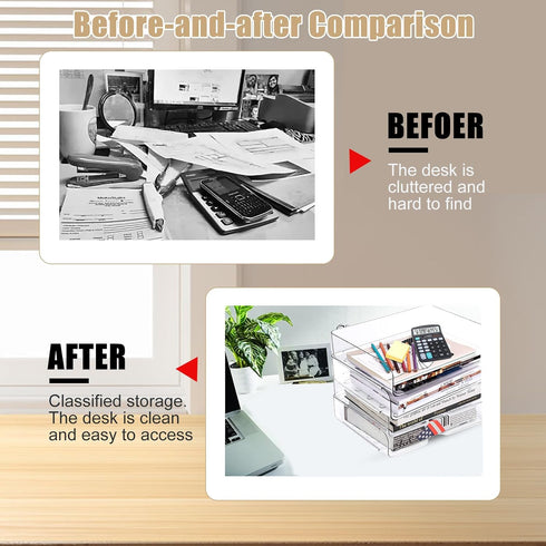 Clear Stackable Paper Trays 4 Pack, Desktop Racks with File Bags for Books, Magazines, and A4 Size Paper