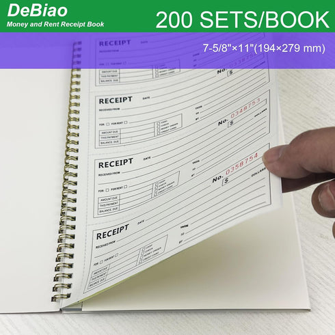 DeBiao 2-Part 7-5/8" 11" 200 Sets 4 (1 Packs) Money and Rent Receipt Book Carbonless x Spiral Bound per Book Receipts
